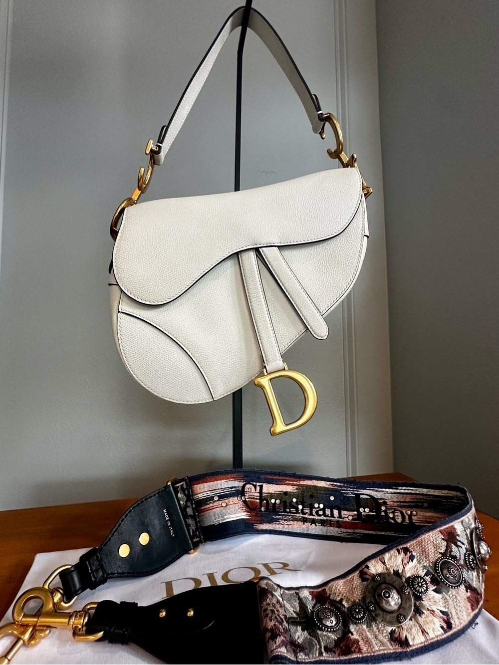 Dior White Leather Saddle Bag with Gold 'D' Charm & additional embroidered strap